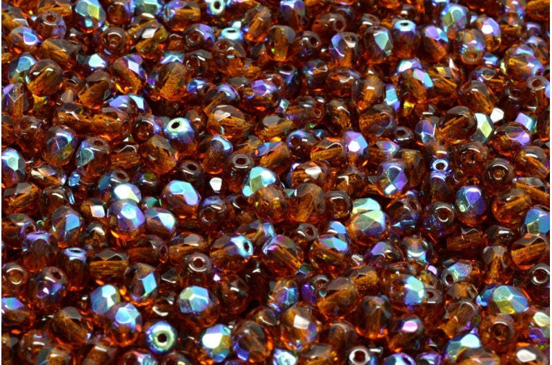 Fire Polished Faceted Beads Round, Transparent Brown Ab (10110-28701), Bohemia Crystal Glass, Czech Republic