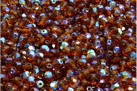 圆形火抛光刻面珠，透明棕色 Ab (10110-28701)，波西米亚水晶玻璃，捷克共和国