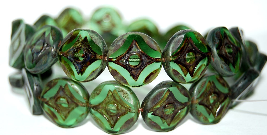 Table Cut Round Beads With Star, Transparent Green Travertin (50220 86800), Glass, Czech Republic