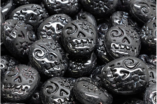Woodoo Funny Face Beads, Black (23980), Glass, Czech Republic
