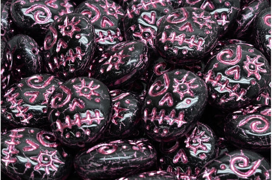 Woodoo Funny Face Beads, Black Pink Lined (23980-54321), Glass, Czech Republic