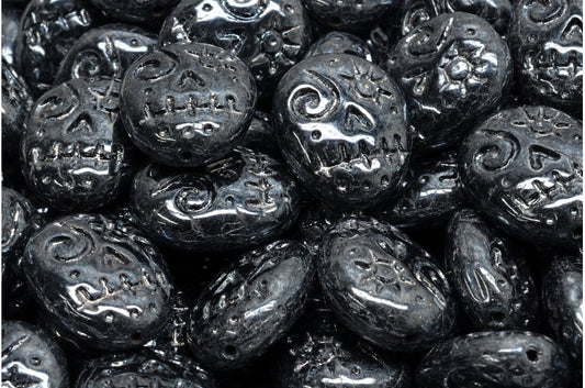 Woodoo Funny Face Beads, Black Hematite (23980-14400), Glass, Czech Republic