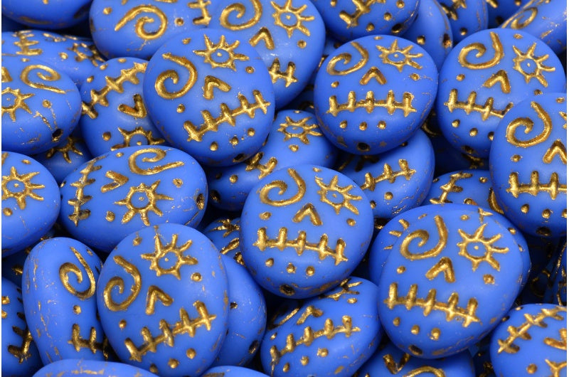 Woodoo Funny Face Beads, Opaque Blue Matte Gold Lined (33040-84100-54302), Glass, Czech Republic
