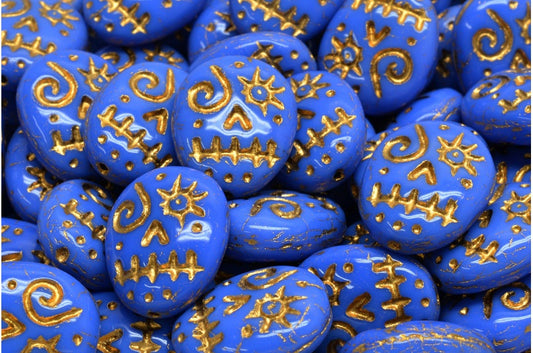 Woodoo Funny Face Beads, Opaque Blue Gold Lined (33040-54302), Glass, Czech Republic