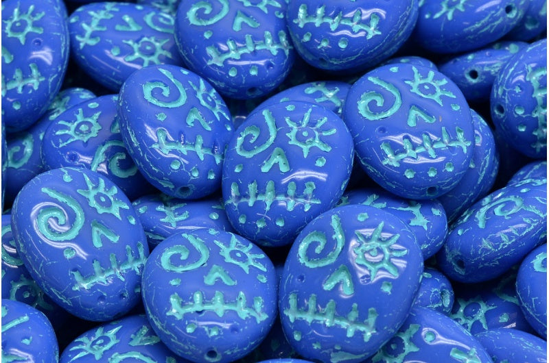 Woodoo Funny Face Beads, Opaque Blue Light Blue Lined (33040-54308), Glass, Czech Republic