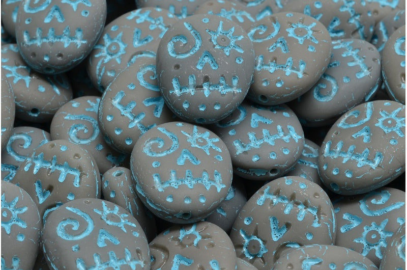 Woodoo Funny Face Beads, Opaque Gray Matte Light Blue Lined (43030-84100-54308), Glass, Czech Republic