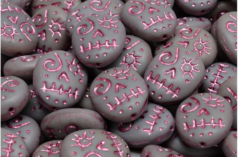 Woodoo Funny Face Beads, Opaque Gray Matte Pink Lined (43030-84100-54321), Glass, Czech Republic