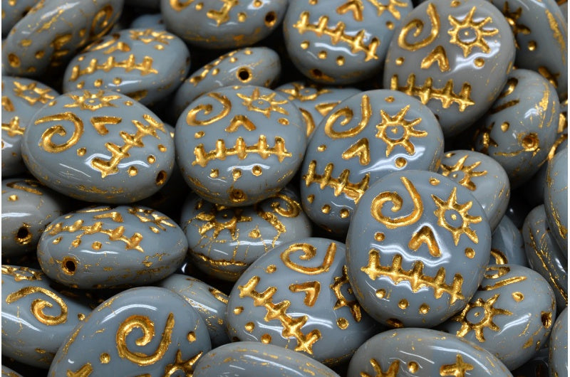 Woodoo Funny Face Beads, Opaque Gray Gold Lined (43030-54302), Glass, Czech Republic