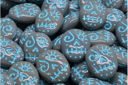 Woodoo Funny Face Beads, Opaque Gray Light Blue Lined (43030-54308), Glass, Czech Republic