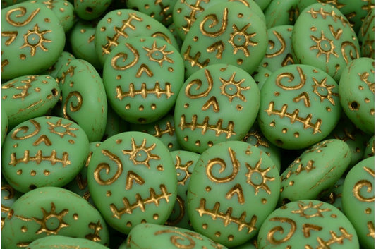 Woodoo Funny Face Beads, Opaque Green Matte Gold Lined (53300-84100-54302), Glass, Czech Republic