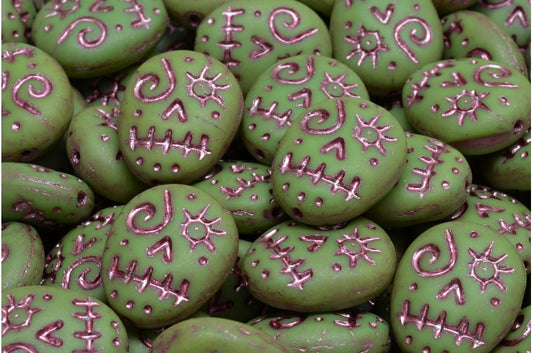 Woodoo Funny Face Beads, Opaque Green Matte Pink Lined (53300-84100-54321), Glass, Czech Republic