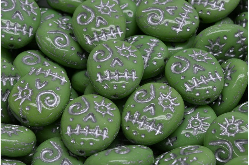 Woodoo Funny Face Beads, Opaque Green Matte Silver Lined (53300-84100-54301), Glass, Czech Republic