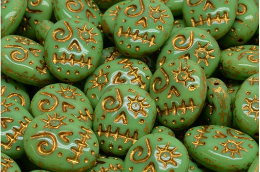 Woodoo Funny Face Beads, Opaque Green Gold Lined (53300-54302), Glass, Czech Republic