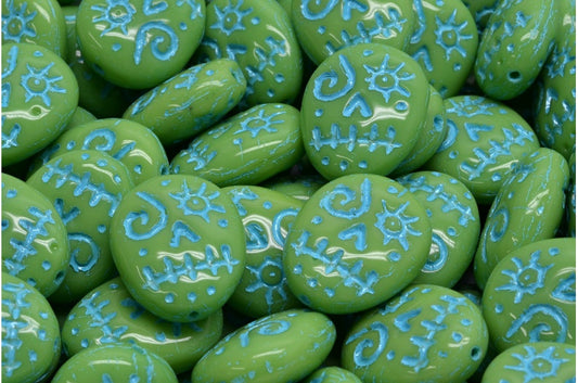 Woodoo Funny Face Beads, Opaque Green Light Blue Lined (53300-54308), Glass, Czech Republic
