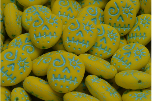 Woodoo Funny Face Beads, Yellow Matte Light Blue Lined (83120-84100-54308), Glass, Czech Republic