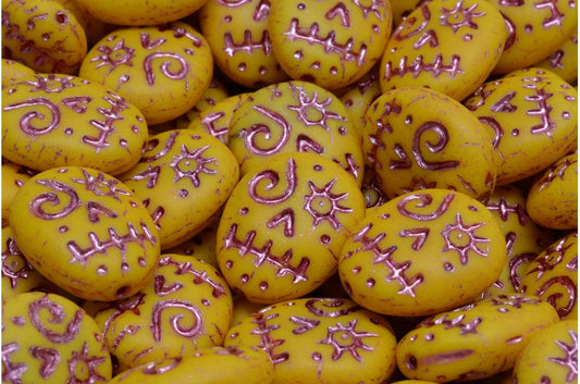 Woodoo Funny Face Beads, Yellow Matte Pink Lined (83120-84100-54321), Glass, Czech Republic