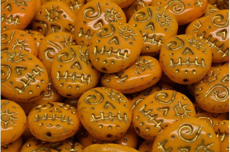 Woodoo Funny Face Beads, Opaque Yellow Gold Lined (93110-54302), Glass, Czech Republic