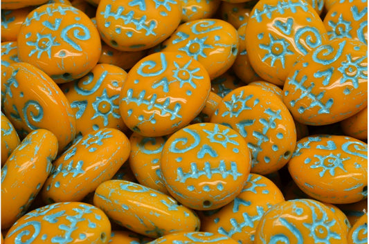 Woodoo Funny Face Beads, Opaque Yellow Light Blue Lined (93110-54308), Glass, Czech Republic