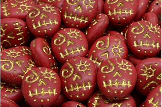 Woodoo Funny Face Beads, Opaque Red Matte Gold Lined (93210-84100-54302), Glass, Czech Republic