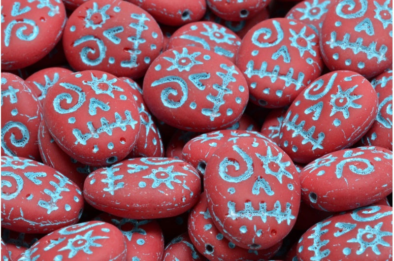 Woodoo Funny Face Beads, Opaque Red Matte Light Blue Lined (93210-84100-54308), Glass, Czech Republic