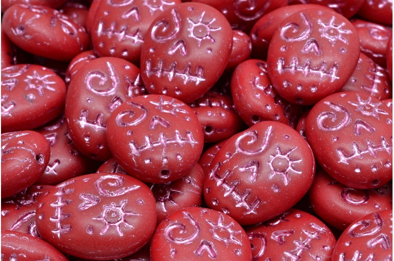 Woodoo Funny Face Beads, Opaque Red Matte Pink Lined (93210-84100-54321), Glass, Czech Republic
