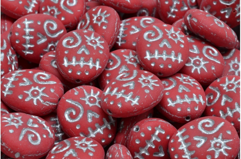 Woodoo Funny Face Beads, Opaque Red Matte Silver Lined (93210-84100-54301), Glass, Czech Republic