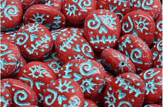 Woodoo Funny Face Beads, Opaque Red Light Blue Lined (93210-54308), Glass, Czech Republic