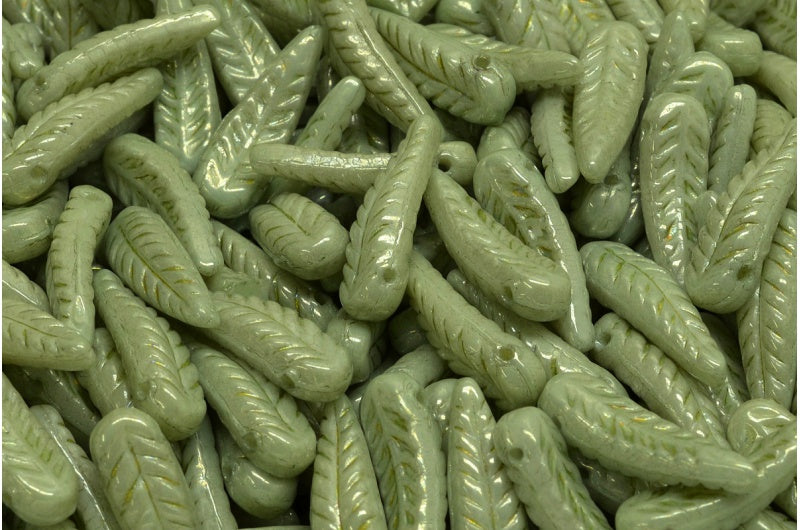 Bird Feather Beads, White Luster Green Full Coated (02010-14457), Glass, Czech Republic