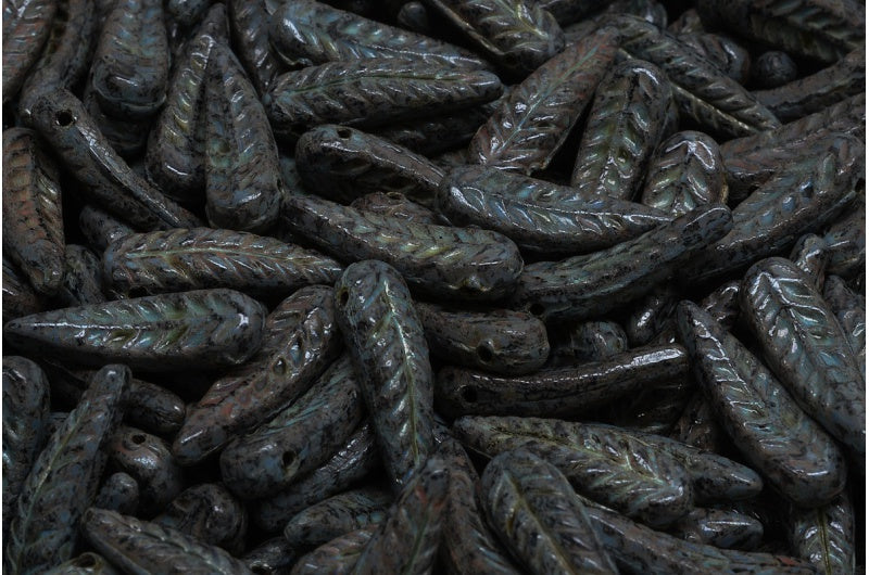 Bird Feather Beads, Black Travertin (23980-86800), Glass, Czech Republic
