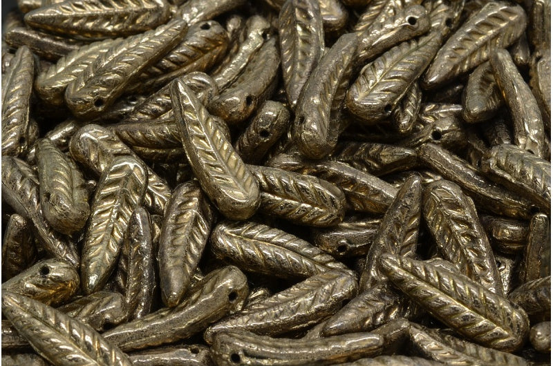 Bird Feather Beads, Black Brass (23980-90215), Glass, Czech Republic