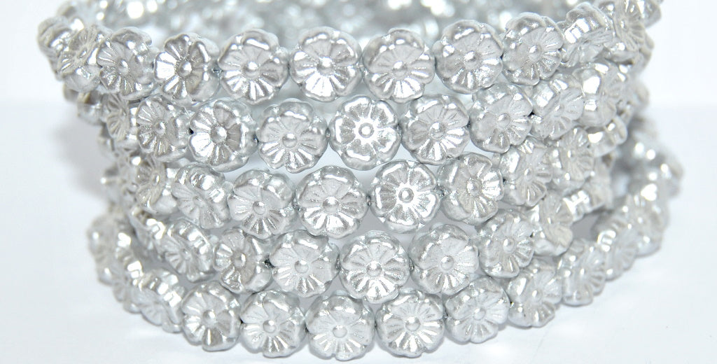 Hawaii Flower Pressed Glass Beads, Silver Colored (1700), Glass, Czech Republic