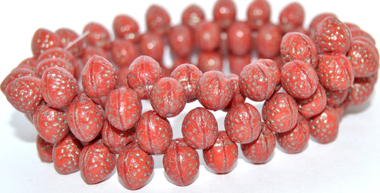 Strawberry Friut Pressed Glass Beads, Red 43814 Metalic (93400 43814 Metalic), Glass, Czech Republic