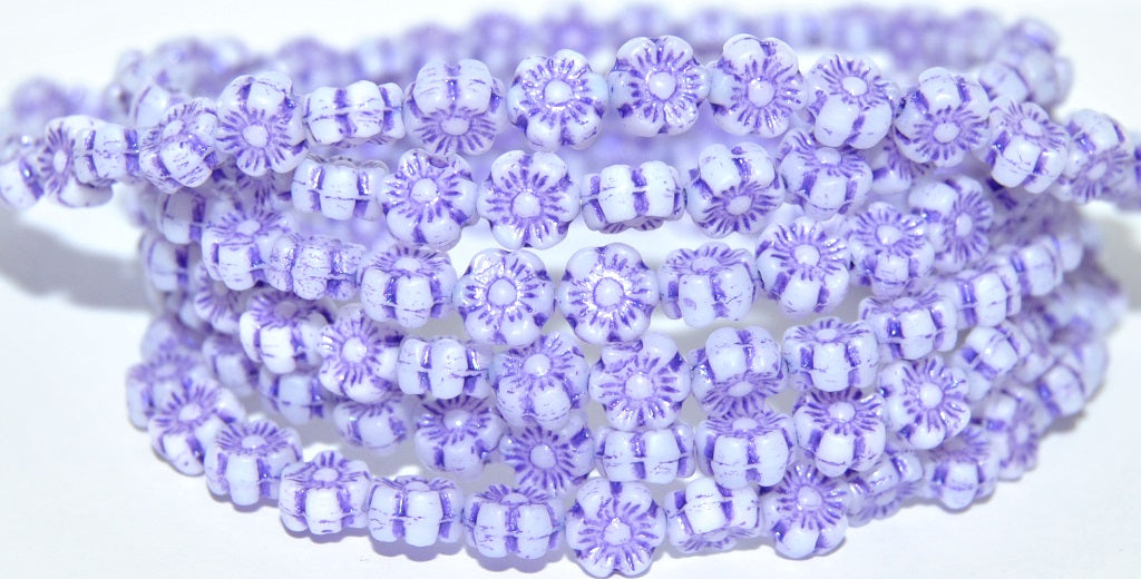 Hawaii Flower Pressed Glass Beads, White 43810 Metalic (2010 43810 Metalic), Glass, Czech Republic