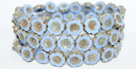 Table Cut Round Beads Hawaii Flowers, Opaque Blue 43400 (33020 43400), Glass, Czech Republic