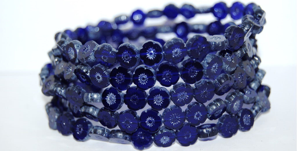 Table Cut Round Beads Hawaii Flowers, Transparent Blue Luster Cream (30090 14401), Glass, Czech Republic