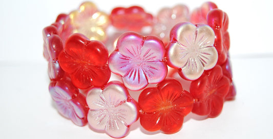 Round Flower Hibiskus Pressed Glass Beads, Ruby Red Abm (90080 Abm), Glass, Czech Republic
