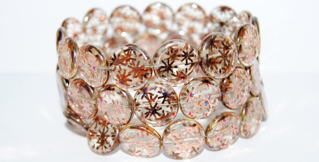 Flat Round Coin Pressed Glass Beads, (10020 Flower Batika), Glass, Czech Republic