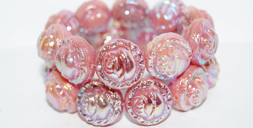 Round With Rose Flower Pressed Glass Beads, Opaque Pink Ab 2X (73030 Ab 2X), Glass, Czech Republic