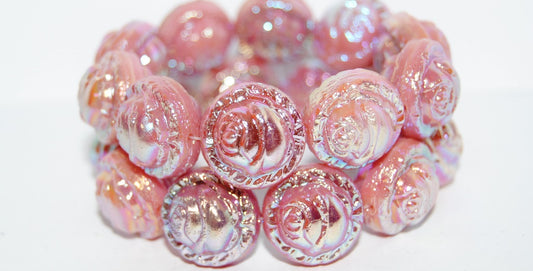 Round With Rose Flower Pressed Glass Beads, Opaque Pink Ab 2X (73030 Ab 2X), Glass, Czech Republic
