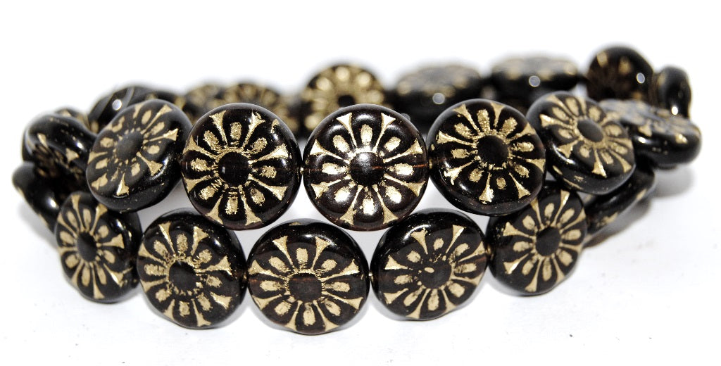 Flat Round With Flower Pressed Glass Beads, Transparent Amethyst 54202 (20080 54202), Glass, Czech Republic