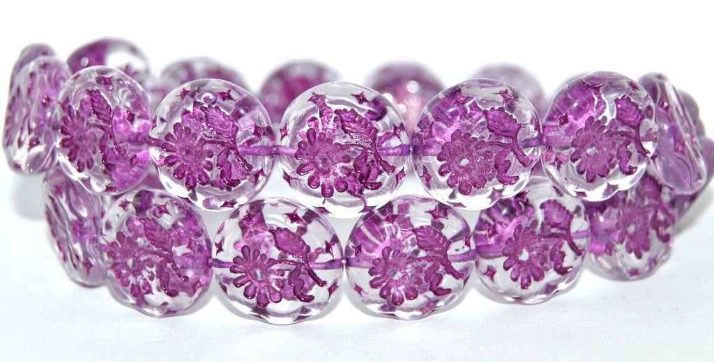 Round Flat With Flower Marguerite Pressed Glass Beads, Crystal 54321 (30 54321), Glass, Czech Republic