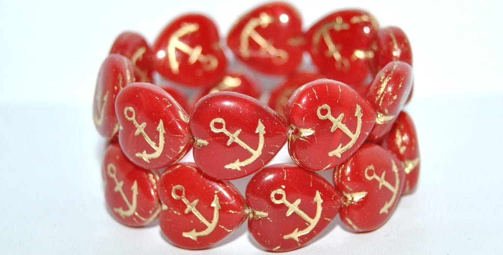 Heart With Anchor Pressed Glass Beads, Opal Red 54202 (91250 54202), Glass, Czech Republic