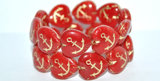 Heart With Anchor Pressed Glass Beads, Opal Red 54202 (91250 54202), Glass, Czech Republic