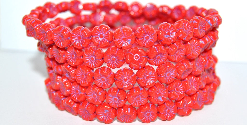 Hawaii Flower Pressed Glass Beads, Red 43809 (93180 43809), Glass, Czech Republic