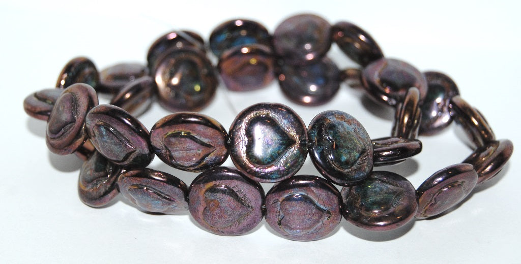 Round Flat Wit Convex Heart Pressed Glass Beads, Crystal Luminescent Green (30 65431), Glass, Czech Republic