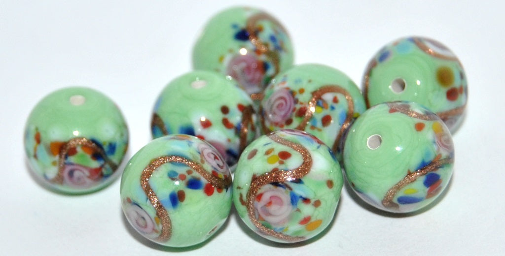 Czech Glass Hand Made Round Lampwork Beads With Flower And Aventurine, (I), Glass, Czech Republic