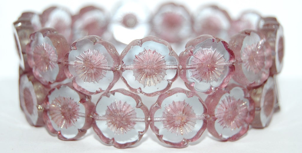 Table Cut Round Beads Hawaii Flowers, Transparent Blue Luster Red Full Coated (30010 14495), Glass, Czech Republic