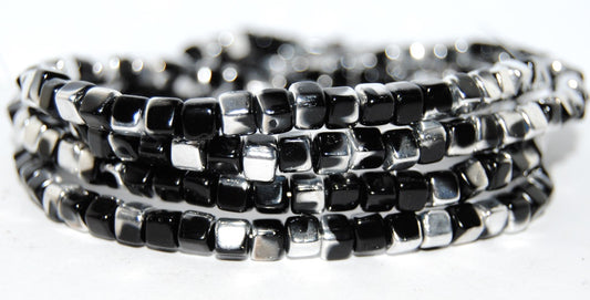 Cube Pressed Glass Beads, Black Crystal Silver Half Coating (23980 27001), Glass, Czech Republic