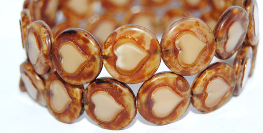 Table Cut Round Beads With Heart, 14010 Travertin (14010 86800), Glass, Czech Republic