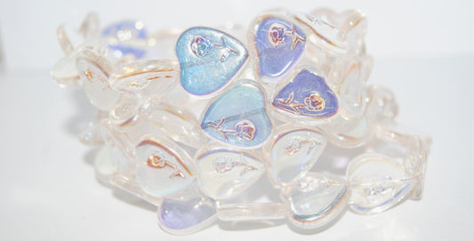 Heart Pressed Glass Beads With Flower, Crystal Ab (30 Ab), Glass, Czech Republic